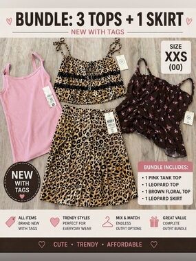 NWT Women’s Clothing Bundle XXS (00) 3 Tops + Skirt Animal Print